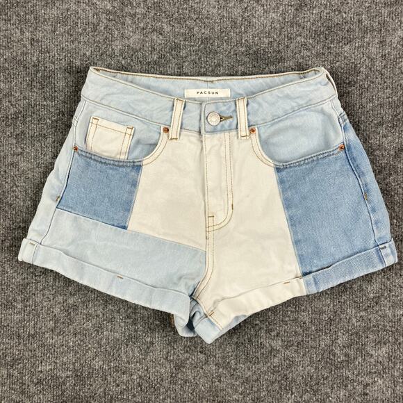 PacSun Mom Shorts Womens Size 24 Light Wash Patchwork Denim High Rise Cuffed - Picture 1 of 10